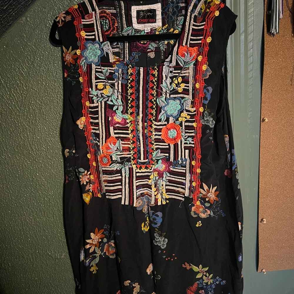 Johnny Was Black and Red Embellished Sundress with Cap Sleeves